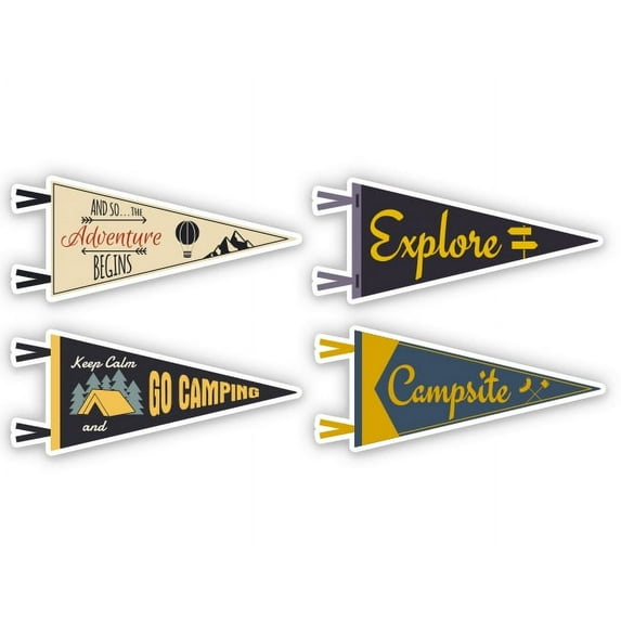 Adventure Camping Pennants Set - 4" Each Vinyl Stickers - For Car Laptop I-Pad - Waterproof Decals