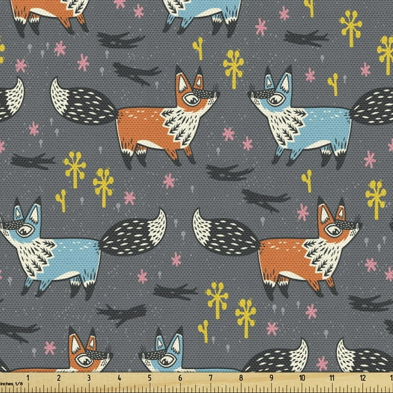 Adventure Cartoon Fabric by the Yard, Abstract Illustration of Forest Habitants Fluffy Foxes and Dandelions, Decorative Upholstery Fabric for Sofas and Home Accents, 1 Yard, Multicolor by Ambesonne