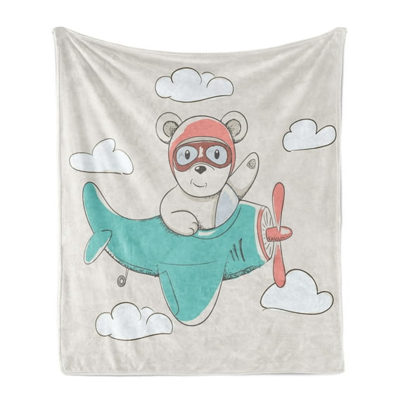 Adventure Cartoon Soft Flannel Fleece Throw Blanket, Bear Flying in the Sky Among the Clouds on Biplane, Cozy Plush for Indoor and Outdoor Use, 50" x 70", Pale Mauve Seafoam, by Ambesonne