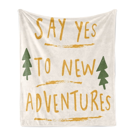 Adventure Cartoon Soft Flannel Fleece Throw Blanket, Say Yes to New Adventures Message with Dashed Stripes, Cozy Plush for Indoor and Outdoor Use, 50" x 60", Forest Green Pale Coffee, by Ambesonne