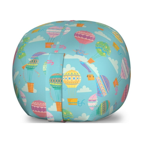 Adventure Cartoon Storage Toy Bag Chair, Colorful Ornamental Design of Rising Hot Air Balloons on Sky Background, Stuffed Animal Organizer Washable Bag, Small Size, Multicolor, by Ambesonne