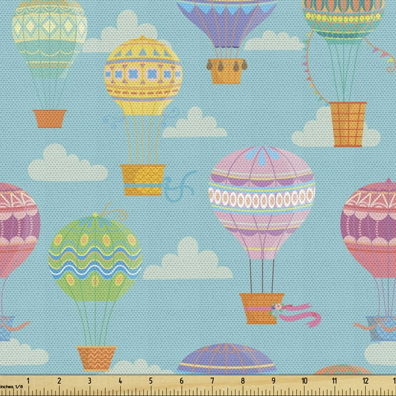Ambesonne Adventure Fabric by the Yard Upholstery, Rising Hot Balloons, 5 Yards, Multicolor