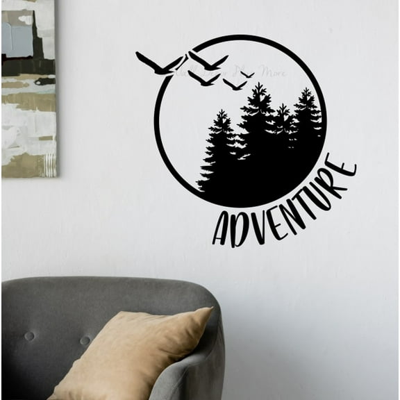 Adventure Circle Trees Birds RV Decals - Vinyl Camper Decals - Decals for RV Trailers - Inspirational Vinyl Decals Sticker - Woodland Adventure Wall Art Kids, 23x22-Inch, Black