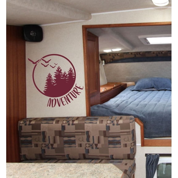 Adventure Circle Trees Birds RV Decals - Vinyl Camper Decals - Decals for RV Trailers - Inspirational Vinyl Decals Sticker - Woodland Adventure Wall Art Kids, 23x22-Inch, Burgundy