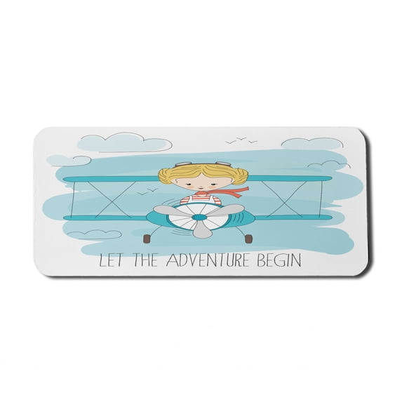 Adventure Computer Mouse Pad, Girl Flying a Plane on Sky Cartoon Child Dream Imagination, Rectangle Non-Slip Rubber Mousepad X-Large, 35" x 15" Gaming Size, Dark Coral Baby Blue, by Ambesonne