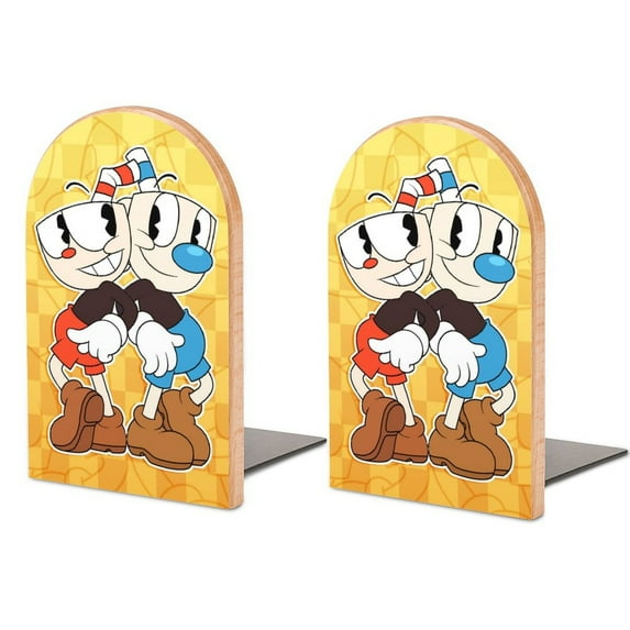 Adventure Cuphead Mugman Bookends Wood Book Divider Decor Shelves Non-Skid Book Stand 2 Pieces For Classroom Dormitory Bookshelf Office Home