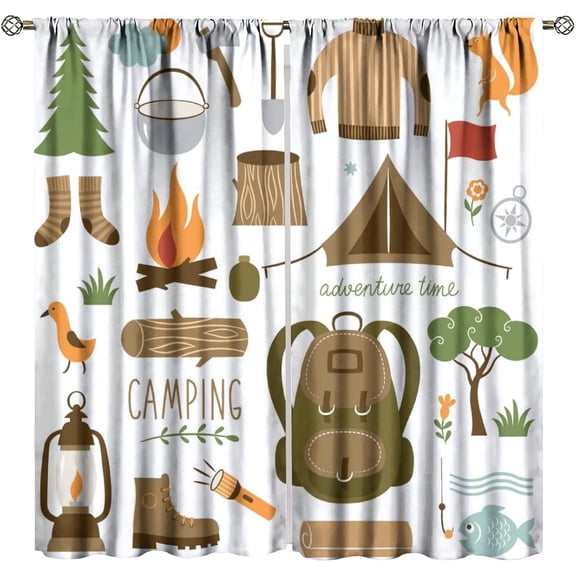 Adventure Curtains for Kitchen, Camping Equipment Sleeping Bag Boots Campfire Shovel Hatchet Print Window Drapes for Farmhouse Bedroom Cafe Decor, 63" W X 63" L,