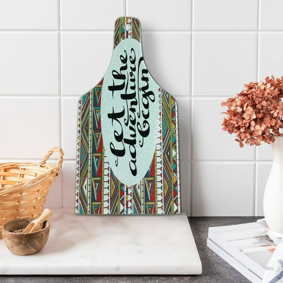 Adventure Cutting Board, Backdrop with Geometric Motifs and Hand Writing Old Fashioned Style, Decorative Tempered Glass Cutting and Serving Board, Wine Bottle Shape, Multicolor, by Ambesonne