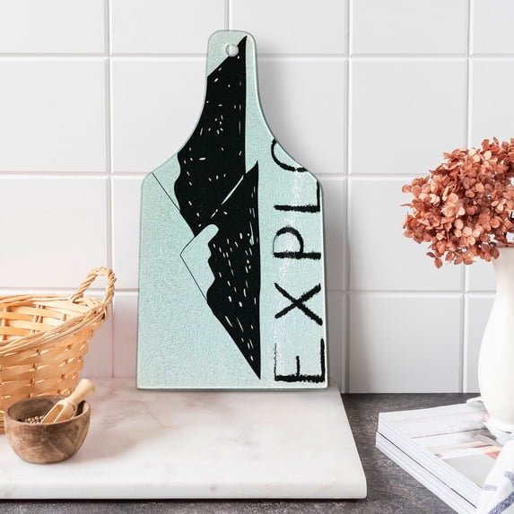 Adventure Cutting Board, Explore Lettering Wild Forest Hand Drawn Simple Mountains Nature Theme, Decorative Tempered Glass Cutting and Serving Board, Wine Bottle Shape, Black White, by Ambesonne