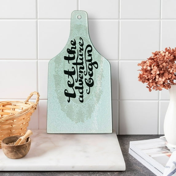 Adventure Cutting Board, Mandala Inspired Round Motif with Phrase Hipster Vintage, Decorative Tempered Glass Cutting and Serving Board, Wine Bottle Shape, Pale Grey Black White, by Ambesonne