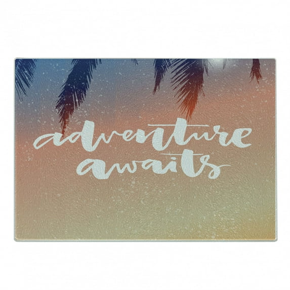 Adventure Cutting Board, Summer Interpretation of Modern Typographic Message on Soft Ombre Background, Decorative Tempered Glass Cutting and Serving Board, Small Size, Multicolor, by Ambesonne
