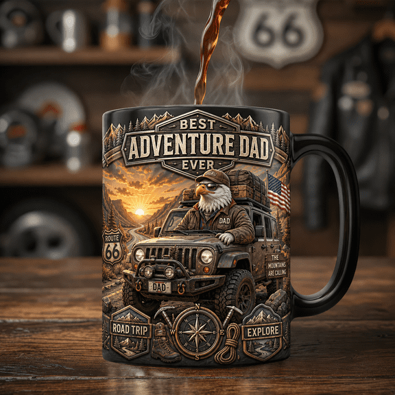 Adventure Dad Magic Mug, Bald Eagle Road Trip Coffee Cup Gift for Dads