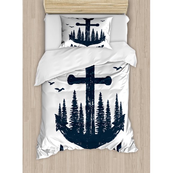 Adventure Duvet Cover Set, Anchor with a Words Hand Drawn Elements in an Inspirational Style Print, Decorative 2 Piece Bedding Set with 1 Pillow Shams, Twin Size, Indigo, by Ambesonne