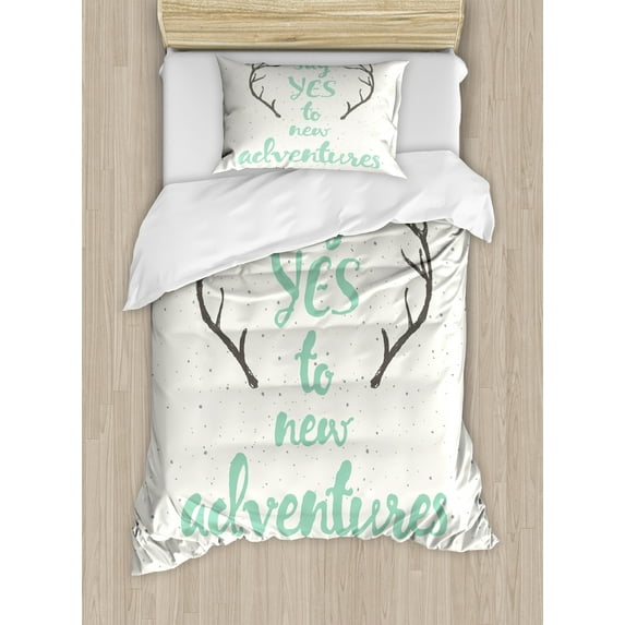 Adventure Duvet Cover Set, Calligraphic Words Antlers and Arrow on Grunge Dotted Backdrop, Decorative 2 Piece Bedding Set with 1 Pillow Shams, Twin Size, Charcoal Grey Sea Green, by Ambesonne