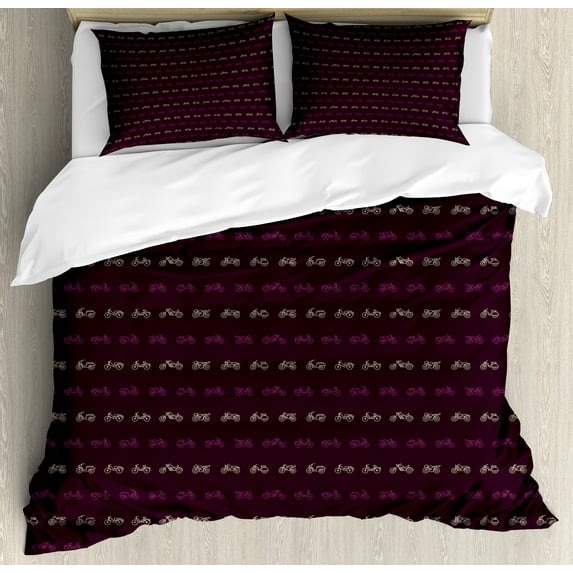 Adventure Duvet Cover Set, Continuing Horizontally Arranged Pattern of Motorcycles and Mopeds, Decorative 3 Piece Bedding Set with 2 Pillow Shams, Queen Size, Dark Maroon Dark Magenta, by Ambesonne