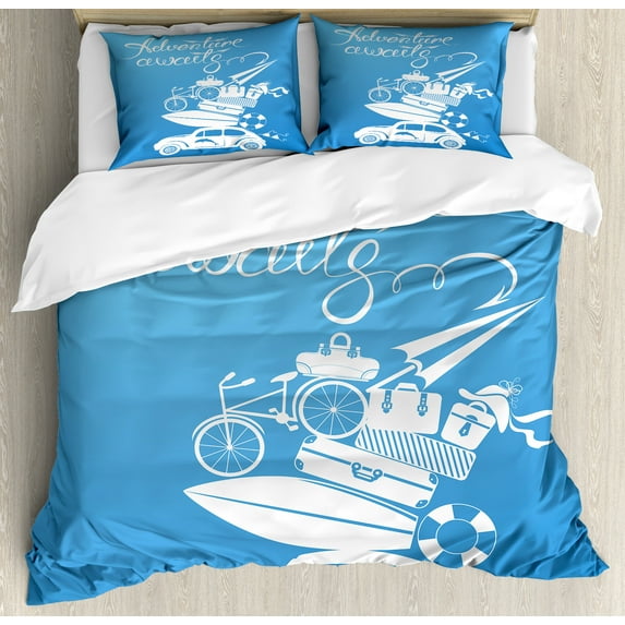 Adventure Duvet Cover Set, Cursive Written Words with Summer Holiday Items Surfboard Old Car Art on Blue, Decorative 3 Piece Bedding Set with 2 Pillow Shams, Queen Size, Blue and White, by Ambesonne
