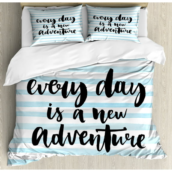 Adventure Duvet Cover Set, Every Day is a New Adventure Words Inspirational Things About Life Art, Decorative 3 Piece Bedding Set with 2 Pillow Shams, Queen Size, Pale Blue Black, by Ambesonne