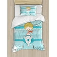 thumbnail image 1 of Adventure Duvet Cover Set, Girl Flying a Plane on Sky Cartoon Dream Imagination, Decorative 2 Piece Bedding Set with 1 Pillow Shams, Twin Size, Dark Coral Pale Blue, by Ambesonne, 1 of 3