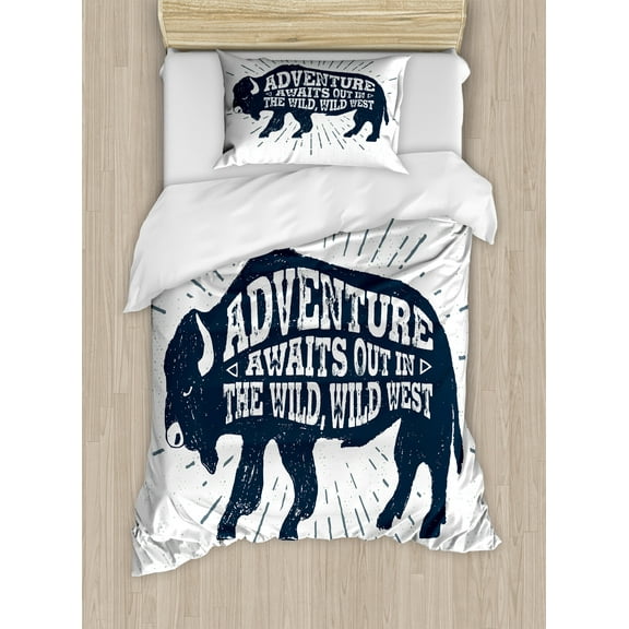 Adventure Duvet Cover Set, Hand Drawn Tribal Art Design with Buffalo and Inspirational Phrase, Decorative 2 Piece Bedding Set with 1 Pillow Shams, Twin Size, Petrol Blue White, by Ambesonne