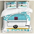 thumbnail image 1 of Adventure Duvet Cover Set, Home is Where I Roam Typography Camper Theme on Plain Backdrop Print, Decorative 3 Piece Bedding Set with 2 Pillow Shams, Calking Size, White and Turquoise, by Ambesonne, 1 of 3