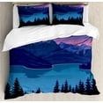 thumbnail image 1 of Adventure Duvet Cover Set, Illustration of a Mountainous Landscape Scene and a Forest at Night, Decorative 3 Piece Bedding Set with 2 Pillow Shams, King Size, Blue Night Blue and Pink, by Ambesonne, 1 of 3
