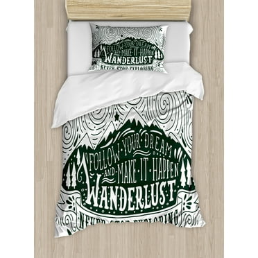 Adventure Duvet Cover Set, Journey and Exploration Themed Follow Your Dream Words Wanderlust Abstract, Decorative 2 Piece Bedding Set with 1 Pillow Shams, Twin Size, Dark Green White, by Ambesonne