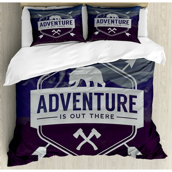 Adventure Duvet Cover Set King Size, Motivational Quote Hatchets and Bear Mountain Landscape, Decorative 3 Piece Bedding Set with 2 Pillow Shams, Dark Purple Slate Blue Pale Grey, by Ambesonne