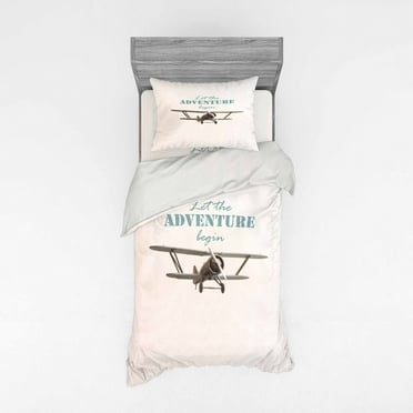 Adventure Duvet Cover Set, Let the Adventure Begin Inscription and Biplane Tropical Summer Vacation, Bedding Set with Shams and Fitted Sheet, 3 Sizes, by Ambesonne