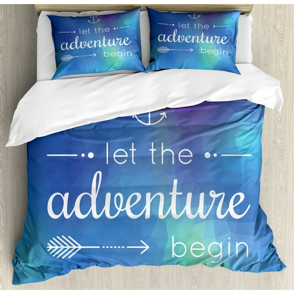 Adventure Duvet Cover Set, Marine Themed Adventure Words on Blue Abstract Mosaic Backdrop Journey, Decorative 3 Piece Bedding Set with 2 Pillow Shams, King Size, Royal Blue Sky Blue, by Ambesonne