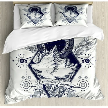 Adventure Duvet Cover Set, Mountains in Boho Tattoo Style with Crossed Arrows and Astrological , Decorative 3 Piece Bedding Set with 2 Pillow Shams, Queen Size, Dark Blue White, by Ambesonne
