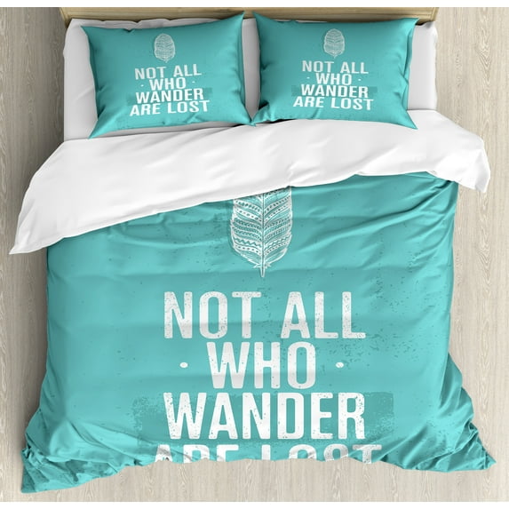 Adventure Duvet Cover Set, Not All Who Wander Are Lost Words of Wisdom Boho Form Feather Grunge Look, Decorative 3 Piece Bedding Set with 2 Pillow Shams, Queen Size, Turquoise White, by Ambesonne