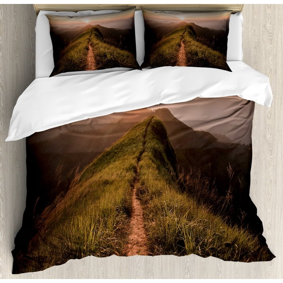 Adventure Duvet Cover Set, Photograph of Road on a Cliff Leading to the Sun Trekking Course Nature Image, Decorative 3 Piece Bedding Set with 2 Pillow Shams, King Size, Fern Green, by Ambesonne
