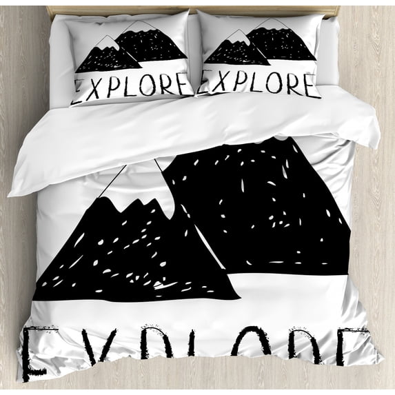 Adventure Duvet Cover Set Queen Size, Explore Lettering with Wild Forest Hand Drawn Simple Mountains Nature Theme, Decorative 3 Piece Bedding Set with 2 Pillow Shams, Black White, by Ambesonne