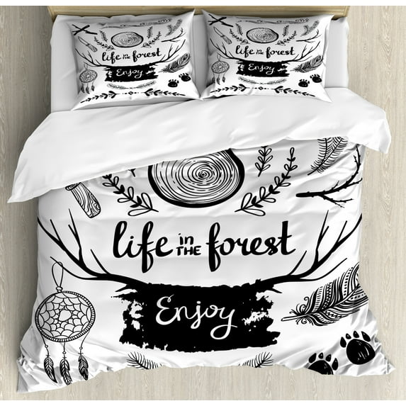 Adventure Duvet Cover Set Queen Size, Life in the Forest Theme Boho Details Antlers Tree Branches and Feathers, Decorative 3 Piece Bedding Set with 2 Pillow Shams, Charcoal Grey White, by Ambesonne
