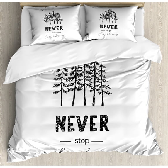 Adventure Duvet Cover Set Queen Size, Motivational Never Stop Exploring Quote Typography and Trees Sketchy Vintage, Decorative 3 Piece Bedding Set with 2 Pillow Shams, Black White, by Ambesonne