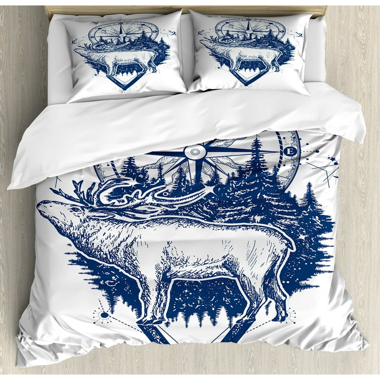 Adventure Duvet Cover Set Reindeer and Compass Travel Wilderness Forest Outdoors Decorative 3 Piece Bedding Set with 2 Pillow Shams Queen Size