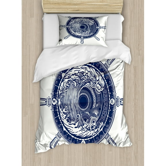 Adventure Duvet Cover Set, Sea Compass and Storm Tattoo Design in Celtic Style Tsunami Waves and Wheel, Decorative 2 Piece Bedding Set with 1 Pillow Shams, Twin Size, Dark Blue White, by Ambesonne