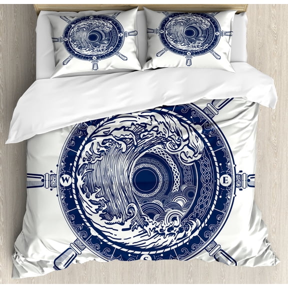 Adventure Duvet Cover Set, Sea Compass and Storm Tattoo Design in Celtic Style Tsunami Waves and Wheel, Decorative 3 Piece Bedding Set with 2 Pillow Shams, King Size, Dark Blue White, by Ambesonne