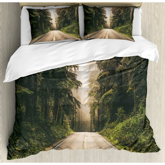 Adventure Duvet Cover Set, Straight Highway in Northern California United States Nature Photography, Decorative 3 Piece Bedding Set with 2 Pillow Shams, Queen Size, Forest Green Grey, by Ambesonne