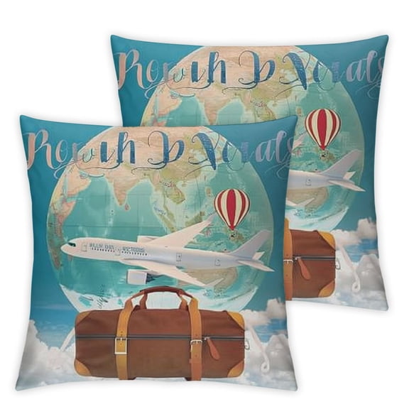 Adventure Emoji Throw Pillow Cushion Cover, Travel The World Cartoon Plane Helicopter Hot Air Balloon Clouds, Decorative Square Accent Pillow Case,Pale Sky Blue Orange