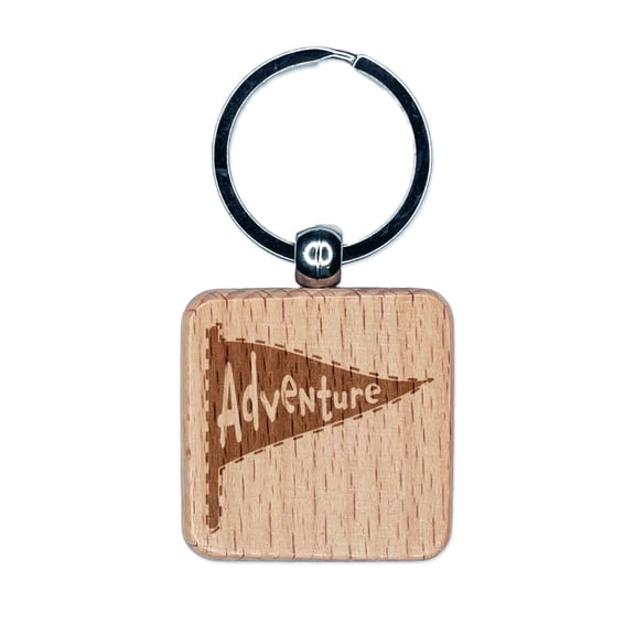 Adventure Flag Square Keychain Charm Tag - Engraved Wood