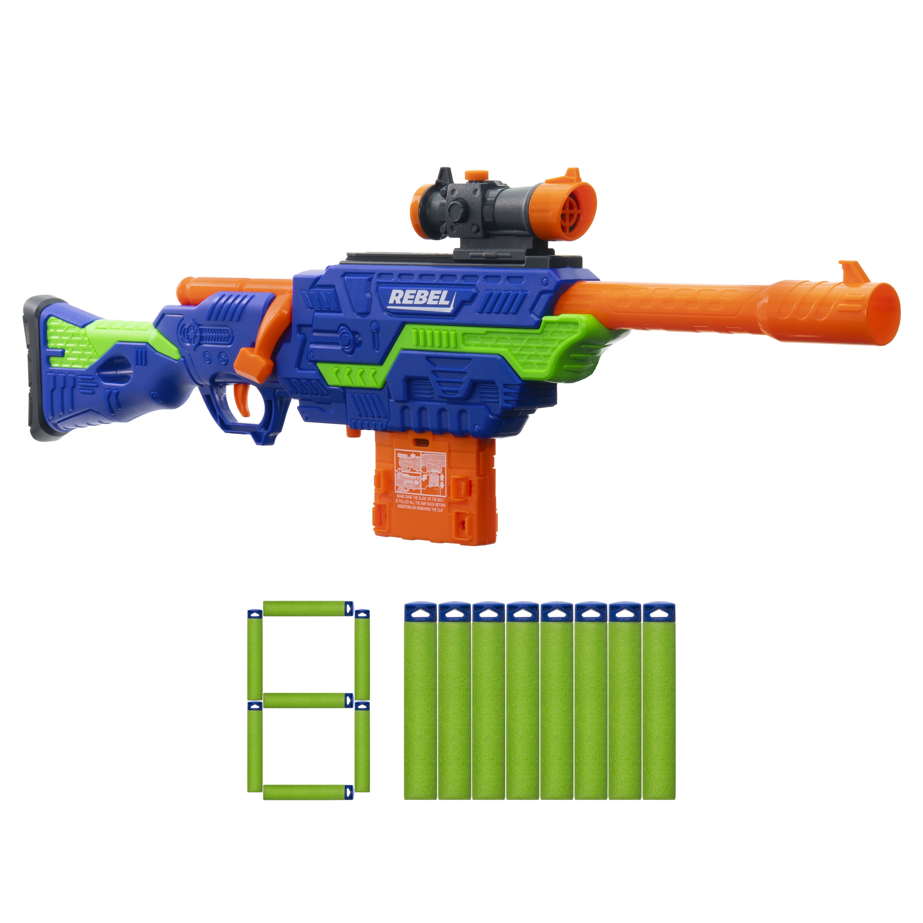 Adventure Force Rebel Foam Dart Blaster Set, Bolt-Action Clip-Fed Design, 1 Blaster with 8 Accu-Blast Darts, Clip and Detachable Scope, Compatible with Most Standard Nerf Blasters, Ages 8+