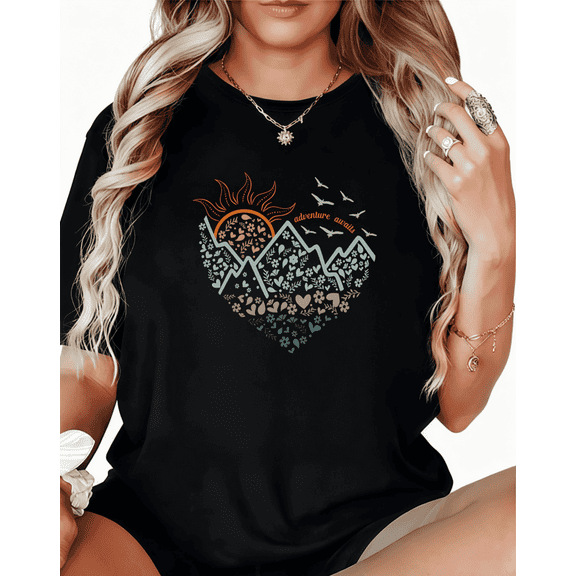 Adventure Heart Mountain Graphic Suitable Tee T-Shirt Top Print Short Sleeve Round Neck Black S-5XL