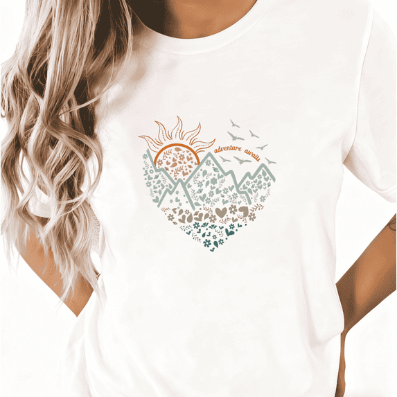 Adventure Heart Mountain Graphic Suitable Tee T-Shirt Top Print Short Sleeve Round Neck White S-5XL