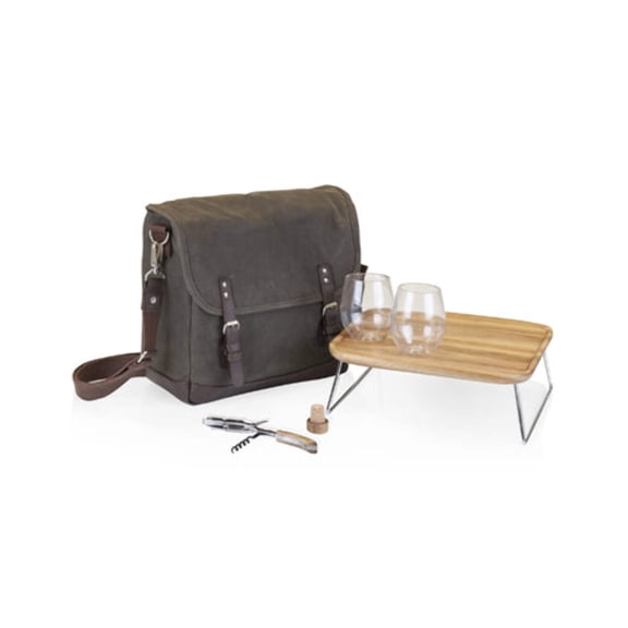 Legacy Adventure Wine Tote Bag with Wine Glasses and Mini Table, Khaki Green with Brown Accents