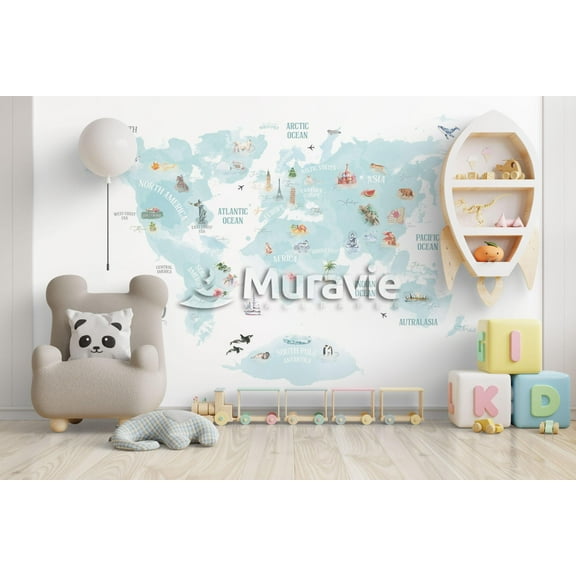 Adventure Kids Wallpaper World Map , Customizable World Map Blue Kids Room Wallpaper MUR8005