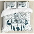 thumbnail image 1 of Adventure King Size Duvet Cover Set, Adventure Quote in Hand Drawn Tribal Frame with Arrows and Feathers Ethnic Artwork, Decorative 3 Piece Bedding Set with 2 Pillow Shams, Indigo, by Ambesonne, 1 of 3