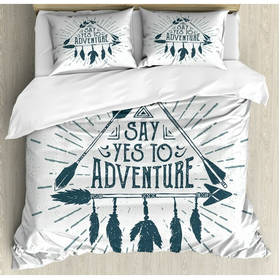 Adventure King Size Duvet Cover Set, Adventure Quote in Hand Drawn Tribal Frame with Arrows and Feathers Ethnic Artwork, Decorative 3 Piece Bedding Set with 2 Pillow Shams, Indigo, by Ambesonne