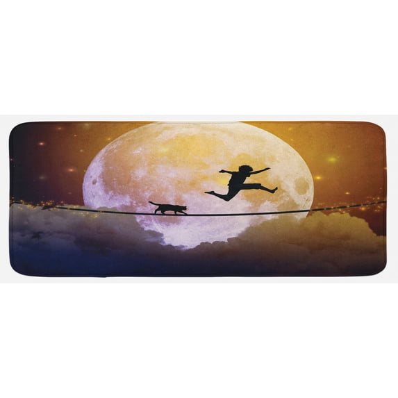 Adventure Kitchen Mat, Boy and a Cat Walking on a Rope in Front of the Full Moon Imagery Print, Plush Decorative Kitchen Mat with Non Slip Backing, 47" X 19", Multicolor, by Ambesonne