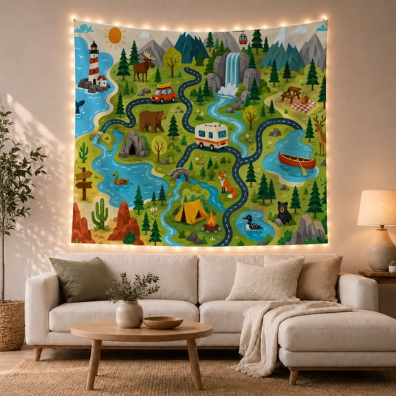 Adventure Landscape Map with Mountains, Wildlife and Winding Road, Playful Illustration for Kids, Educational Geography Decor, Back to School Gift, Tapestry Wall Hanging for Bedroom and Classroom
